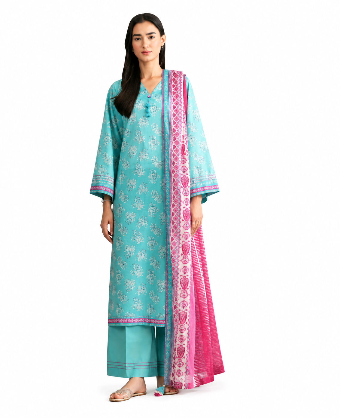 Turquoise Blue Printed Lawn 3-Piece Suit with Pink Voile Dupatta