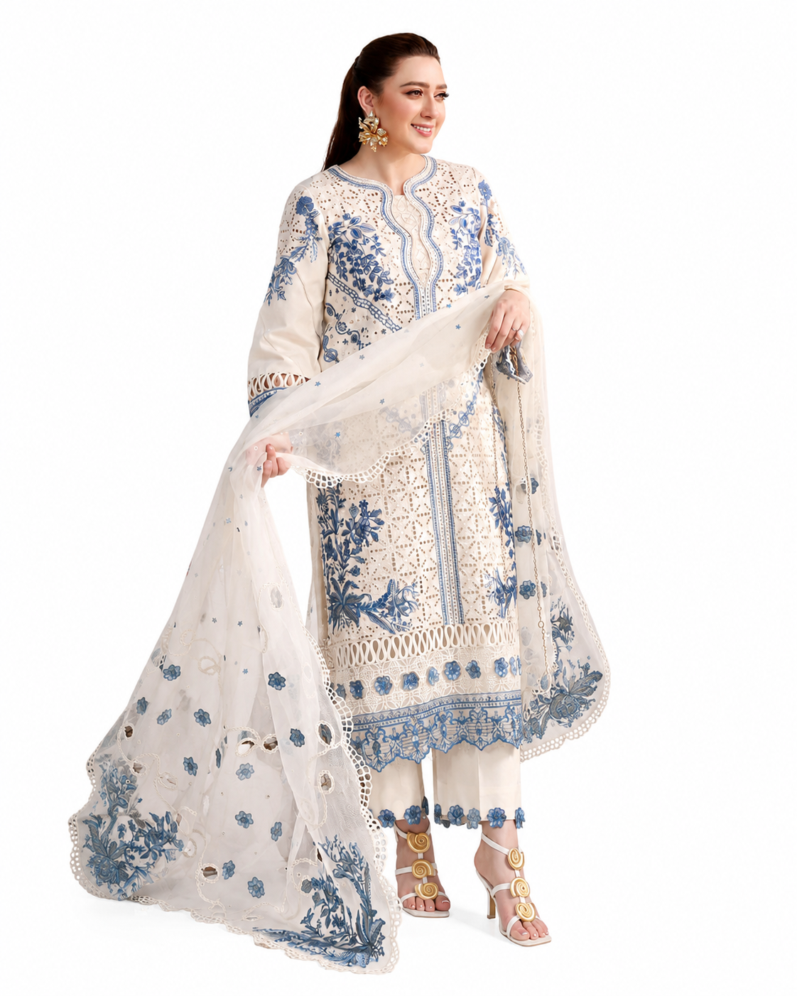 Aura by Aqsa – Premium Off-White & Royal Blue 3-Piece Luxury Chikankari Suit