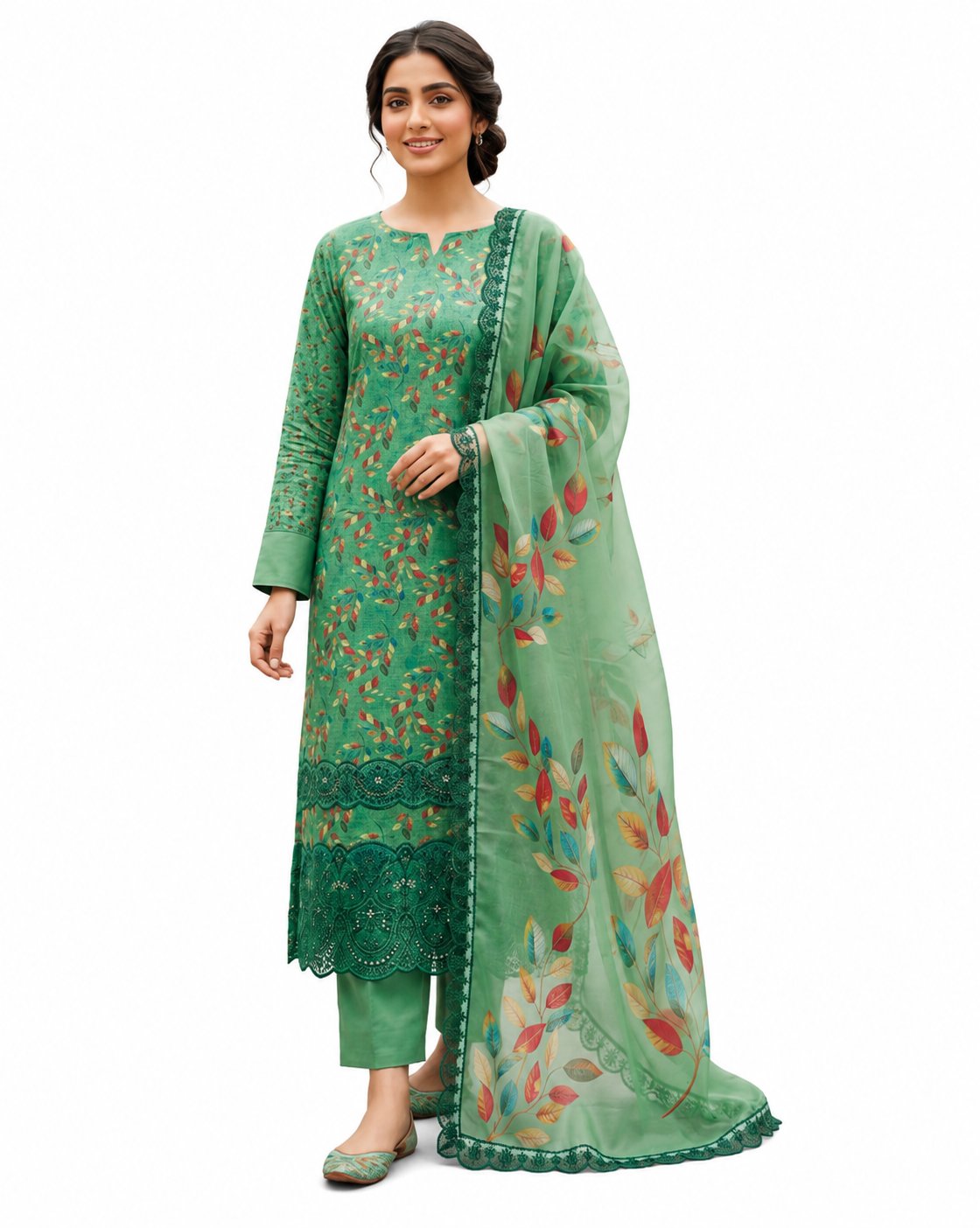 Baroque Zayan Collection – Emerald Bloom Digital Lawn 3-Piece Suit