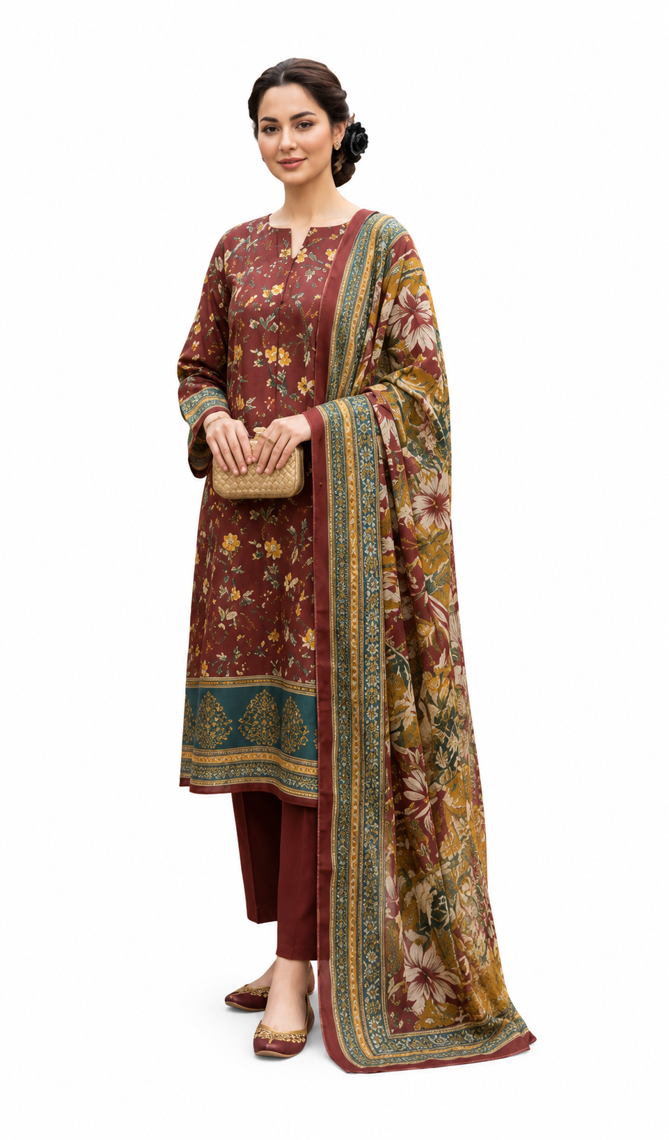 Rust Floral 3 Piece Lawn Suit | Premium Printed Summer Collection