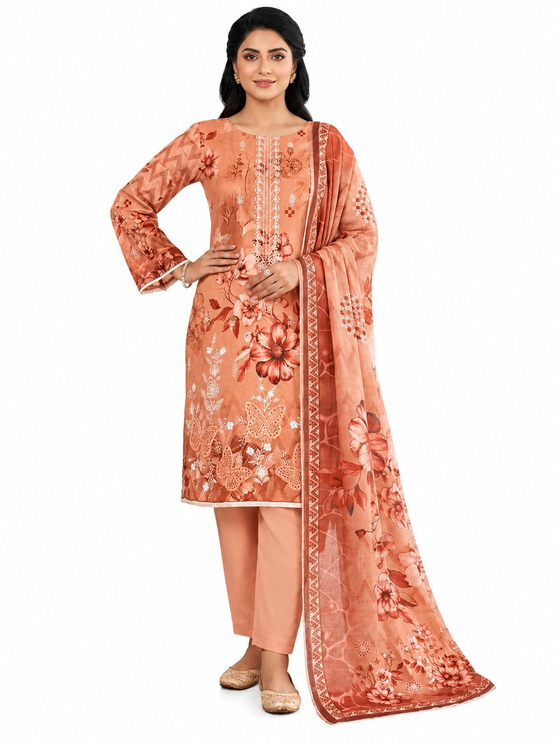 3 Piece Unstitched Digital Lawn Suit | Peach Blossom
