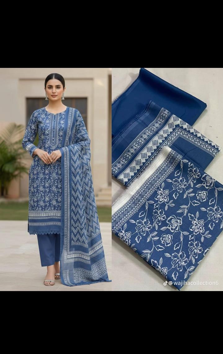 Royal Blue Floral 3 Piece Lawn Suit | Classic Summer Elegance