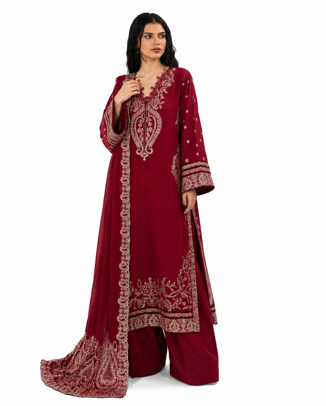 Luxury Ruby Red Embroidered 3 Piece Lawn Suit