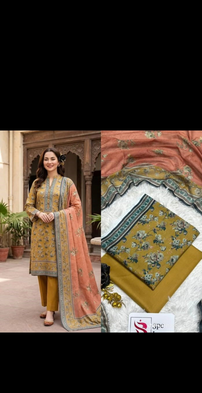 Bin Saeed Printed Luxury Lawn – Vintage Mustard 3 Piece Collection V338