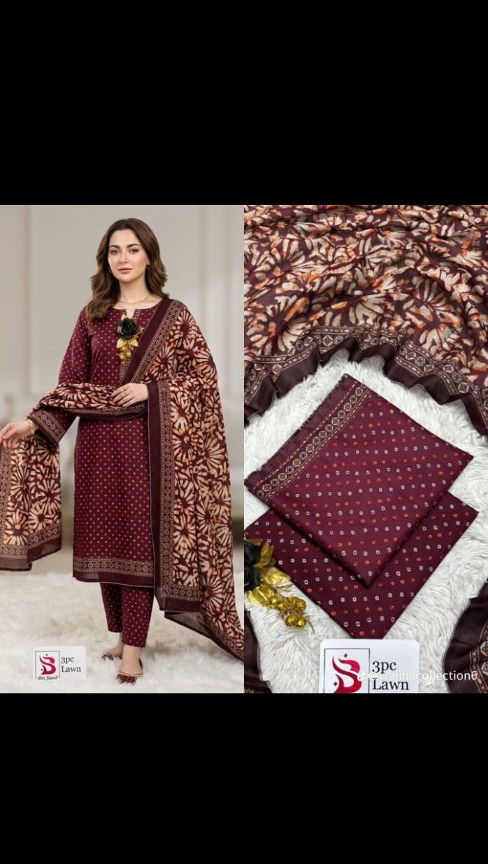 Bin Saeed Printed Luxury Lawn – Maroon Chunri Style 3 Piece Collection V341