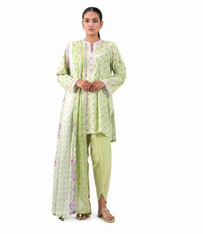 Lime Green Printed Lawn 3-Piece Suit with Elegant Printed Dupatta