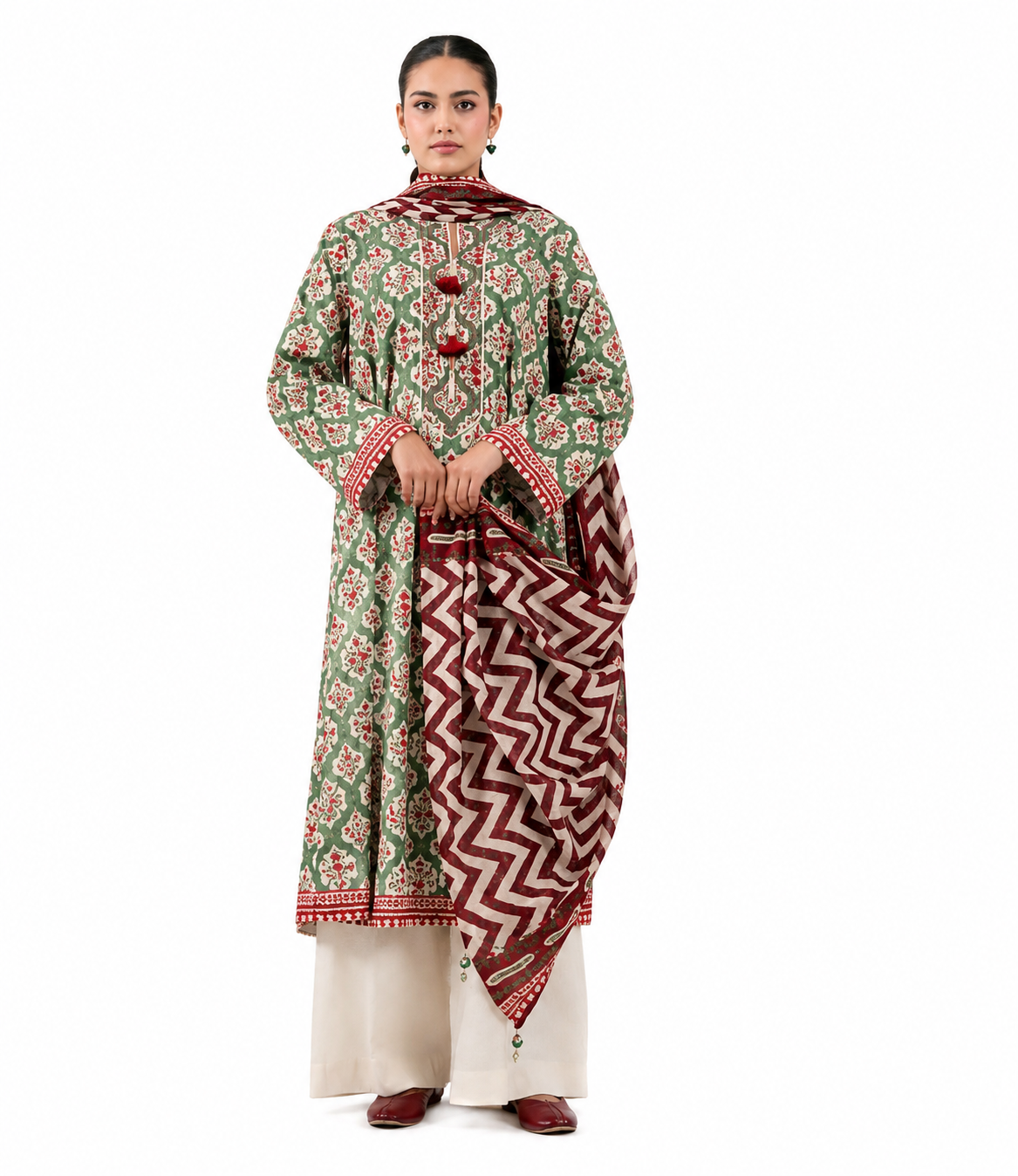 Sage Green & Maroon Printed Lawn 3-Piece Suit with Chevron Dupatta