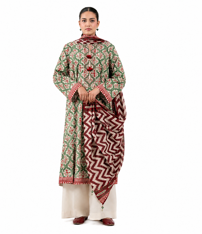 Sage Green & Maroon Printed Lawn 3-Piece Suit with Chevron Dupatta