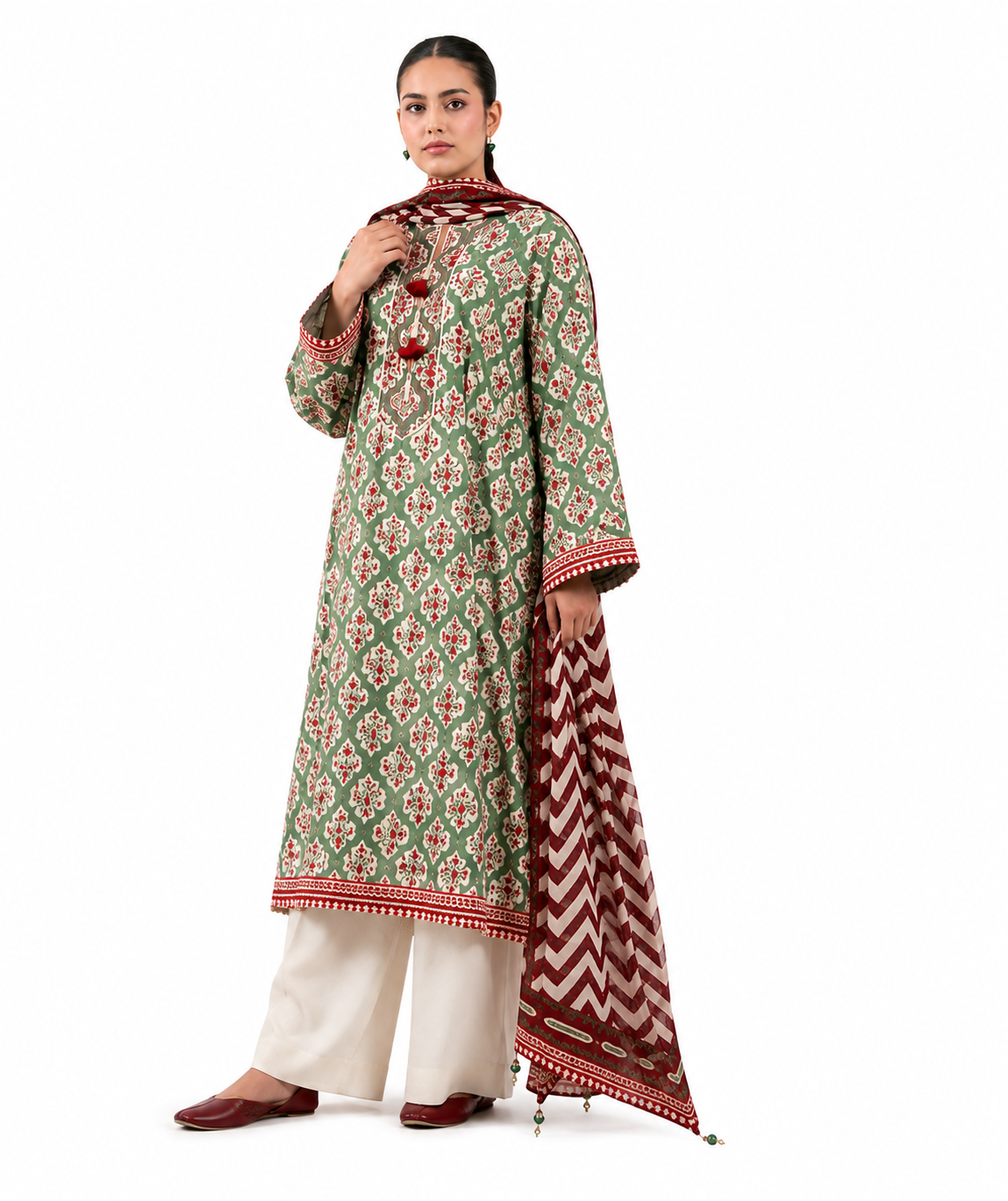 Sage Green & Maroon Printed Lawn 3-Piece Suit with Chevron Dupatta