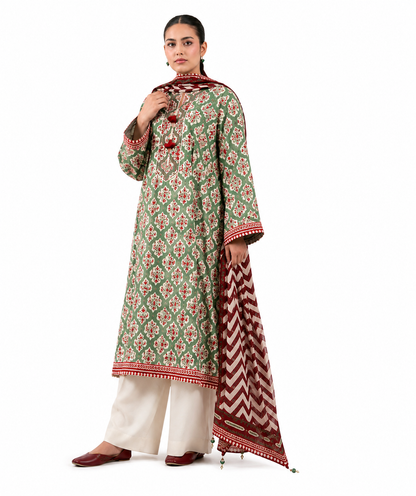 Sage Green & Maroon Printed Lawn 3-Piece Suit with Chevron Dupatta