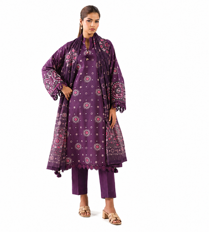 Royal Plum Printed Lawn 3-Piece Suit with Statement Dupatta