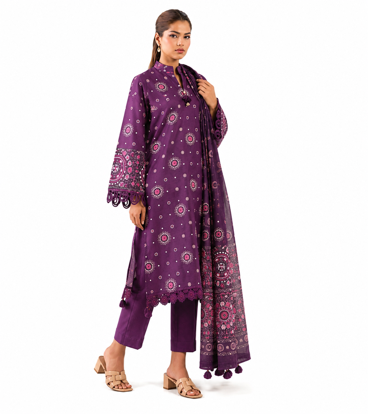 Royal Plum Printed Lawn 3-Piece Suit with Statement Dupatta