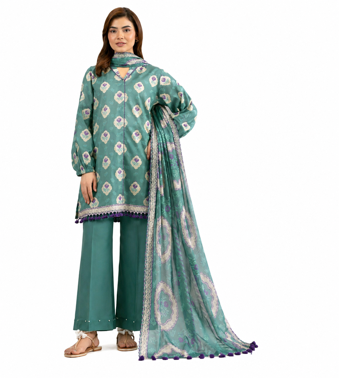 Teal Green Printed Lawn 3-Piece Suit with Elegant Patterned Dupatta