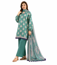 Teal Green Printed Lawn 3-Piece Suit with Elegant Patterned Dupatta