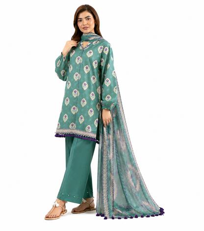 Teal Green Printed Lawn 3-Piece Suit with Elegant Patterned Dupatta