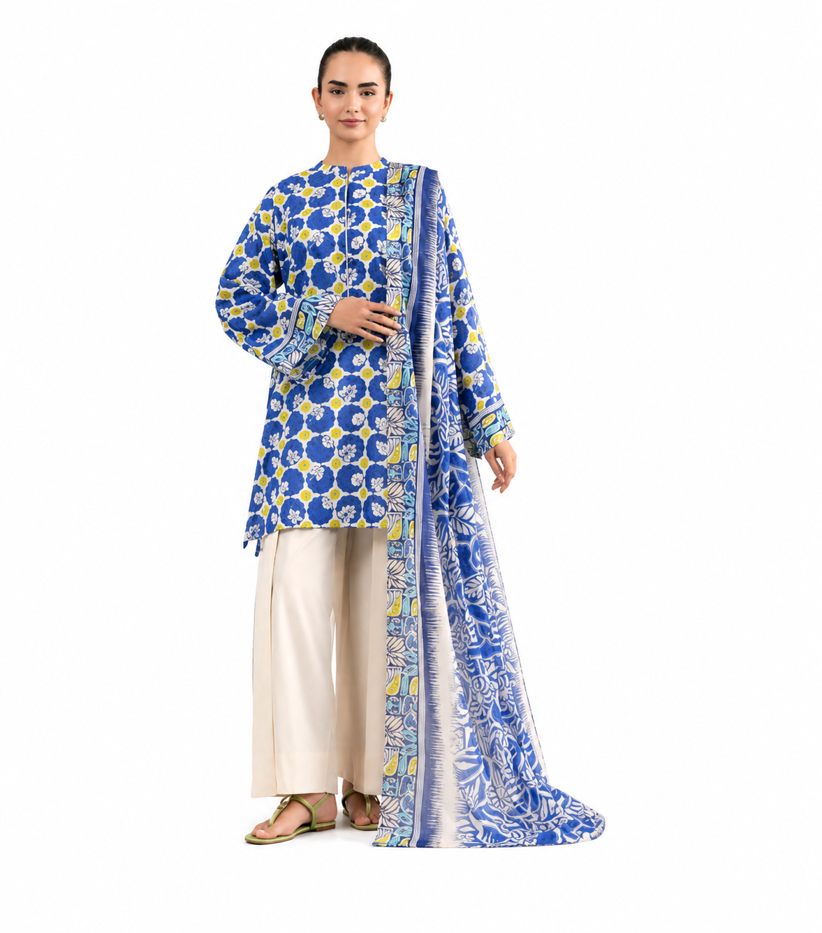 Royal Blue Floral Printed Lawn 3-Piece Suit with Voile Dupatta