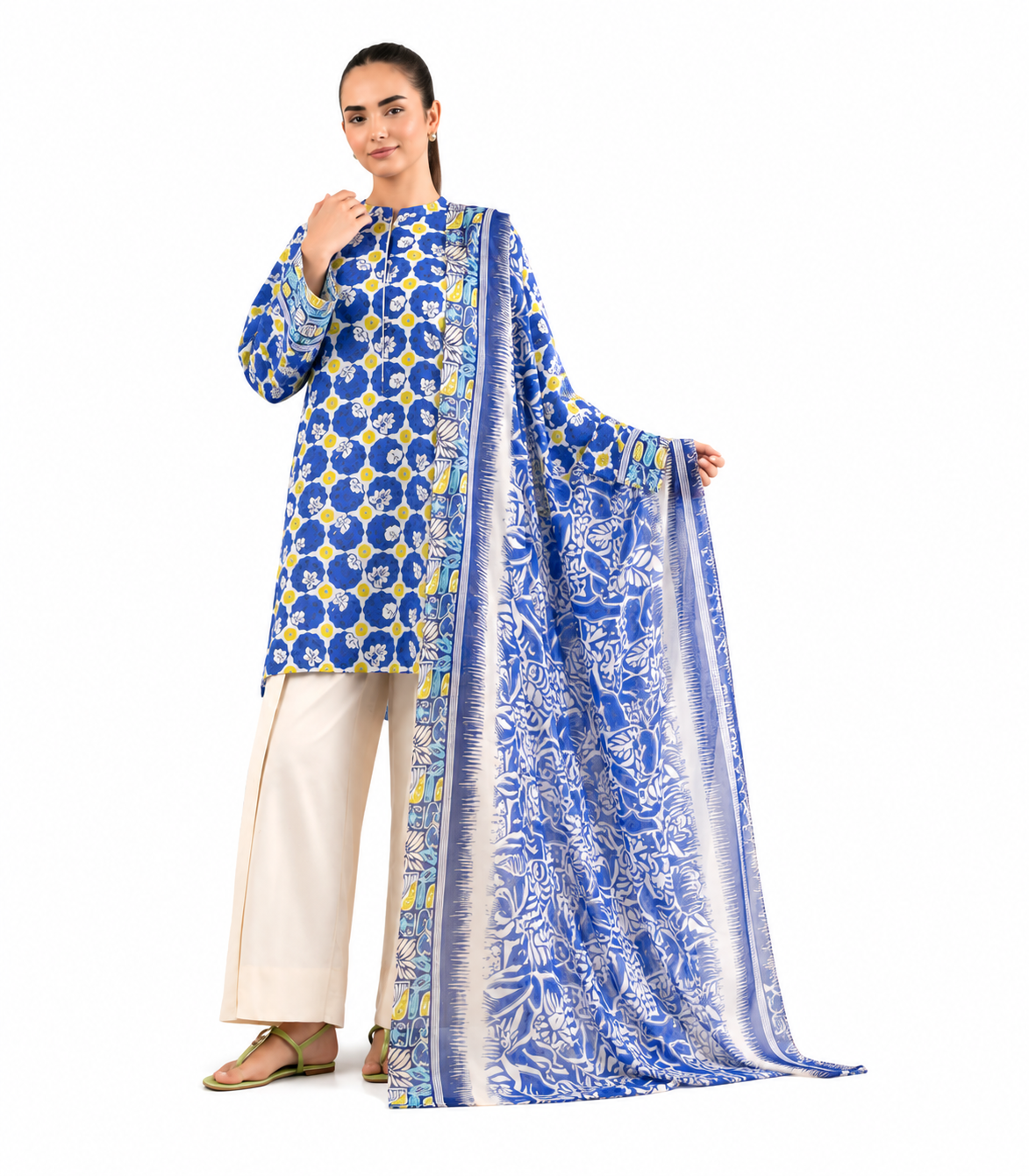 Royal Blue Floral Printed Lawn 3-Piece Suit with Voile Dupatta