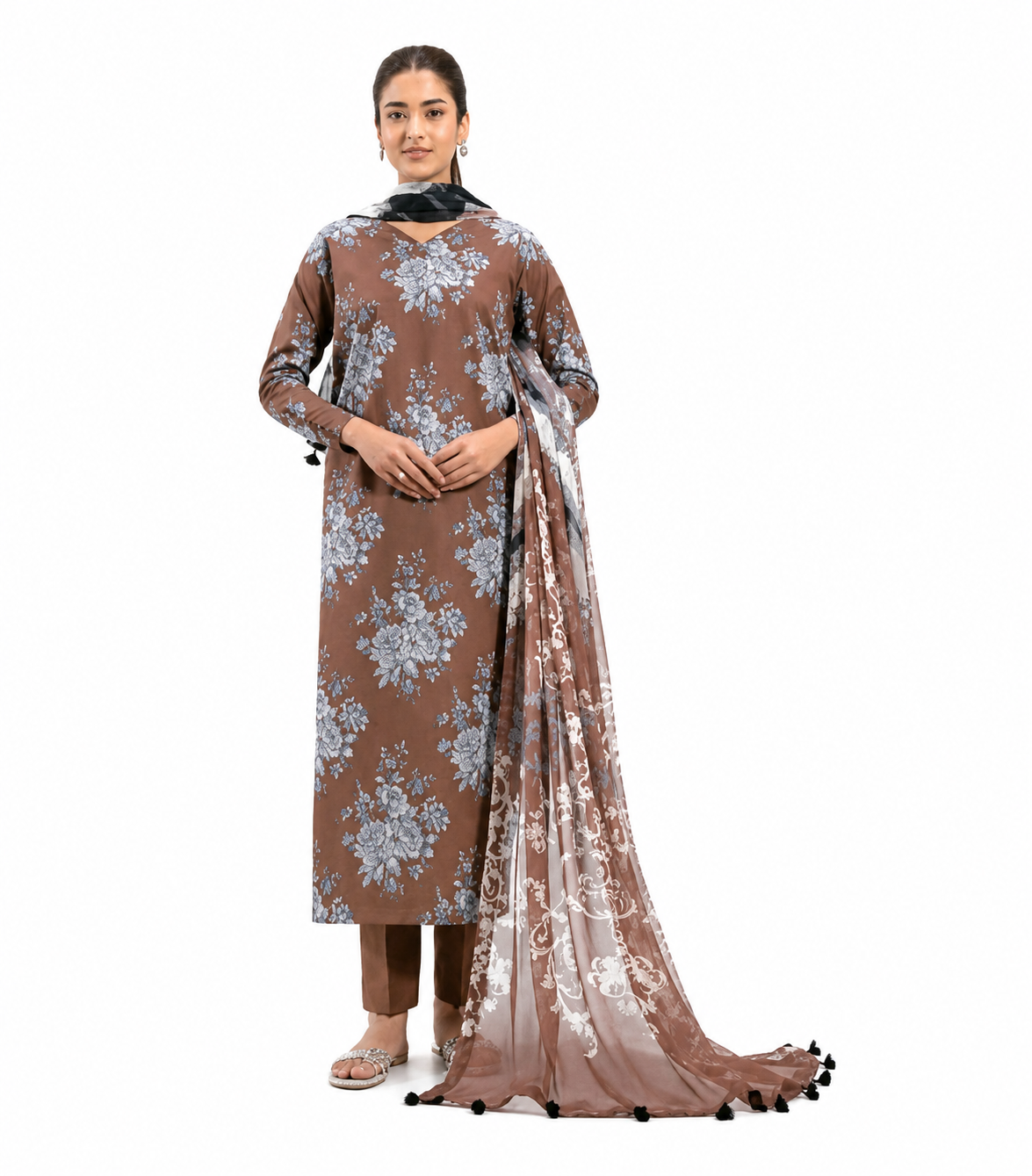 Mocha Brown Floral Printed Lawn 3-Piece Suit with Elegant Voile Dupatta
