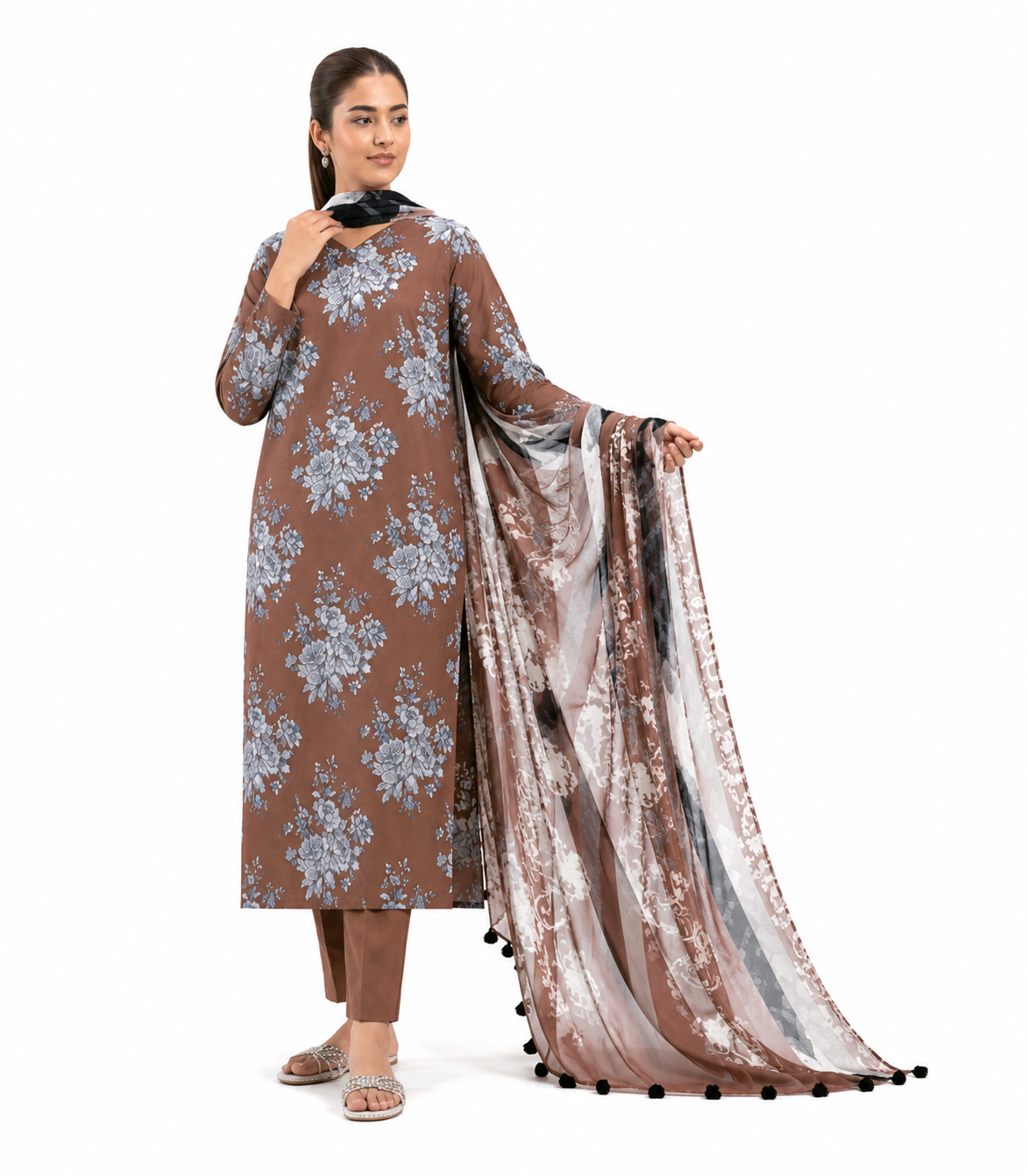 Mocha Brown Floral Printed Lawn 3-Piece Suit with Elegant Voile Dupatta