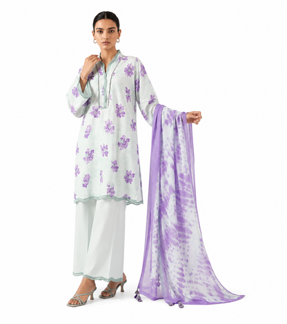 Mint Green & Lavender Floral Printed Lawn 3-Piece Suit