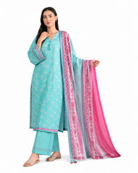Turquoise Blue Printed Lawn 3-Piece Suit with Pink Voile Dupatta