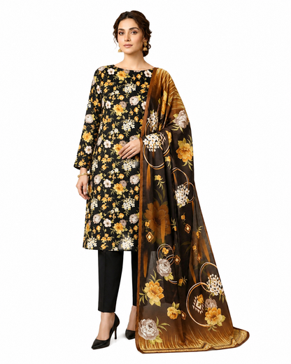 Black Floral Printed Women's Unstitched Salwar Kameez with Matching Dupatta