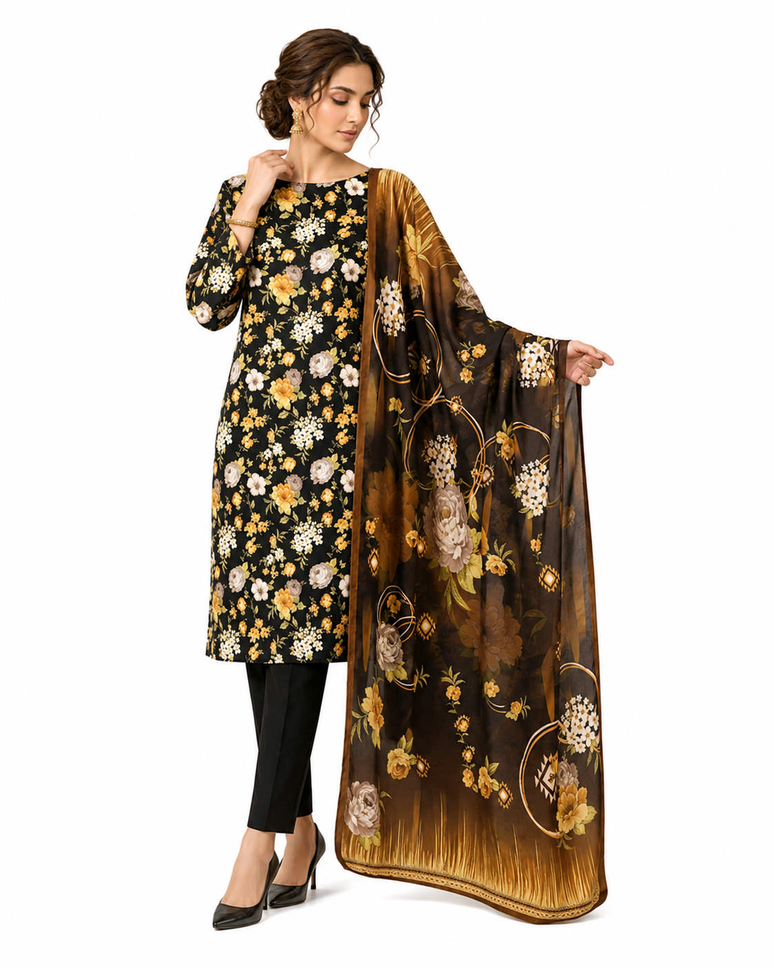 Black Floral Printed Women's Unstitched Salwar Kameez with Matching Dupatta
