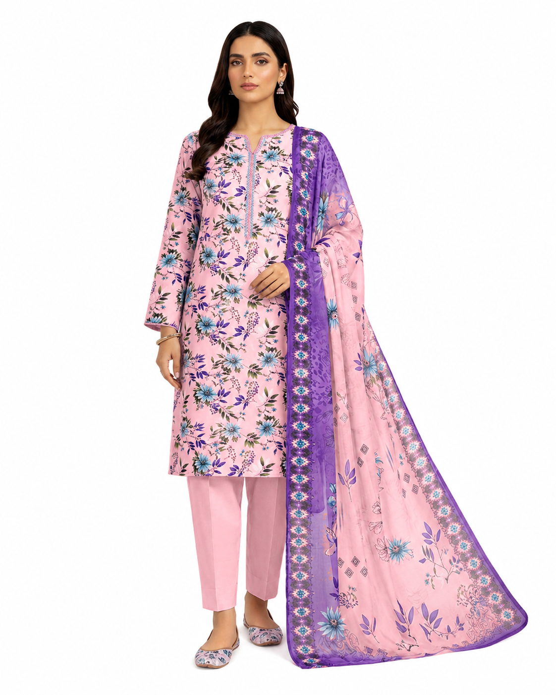Pink Floral Printed Women's Unstitched Salwar Kameez with Matching Dupatta