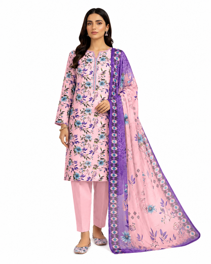 Pink Floral Printed Women's Unstitched Salwar Kameez with Matching Dupatta