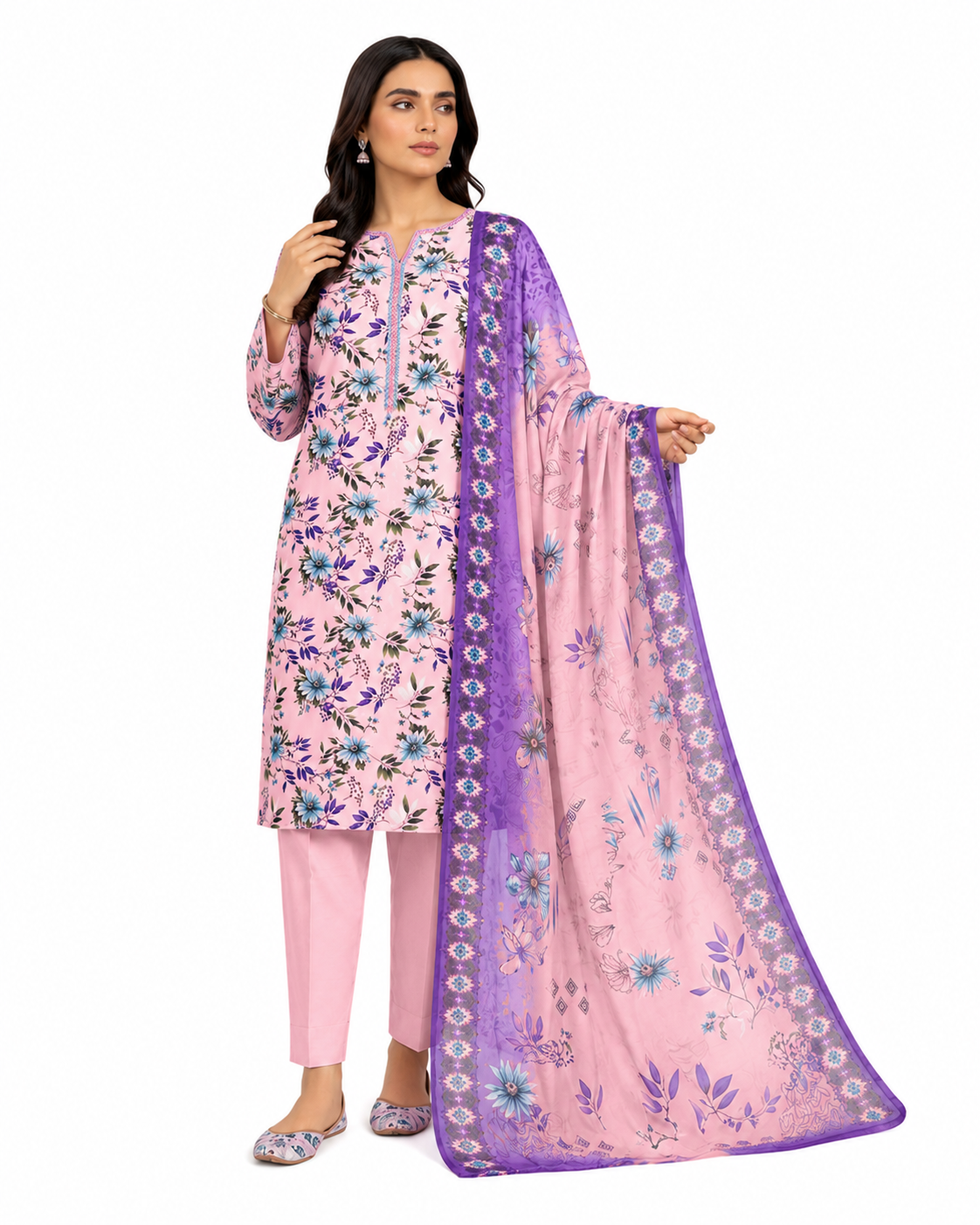 Pink Floral Printed Women's Unstitched Salwar Kameez with Matching Dupatta