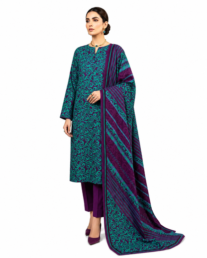 Teal & Purple Printed Women's Unstitched Salwar Kameez with Matching Dupatta