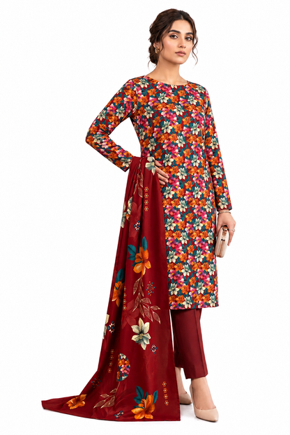 Zayan Collection Crimson Floral Digital Lawn 3-Piece Suit – Vibrant Bloom Edition