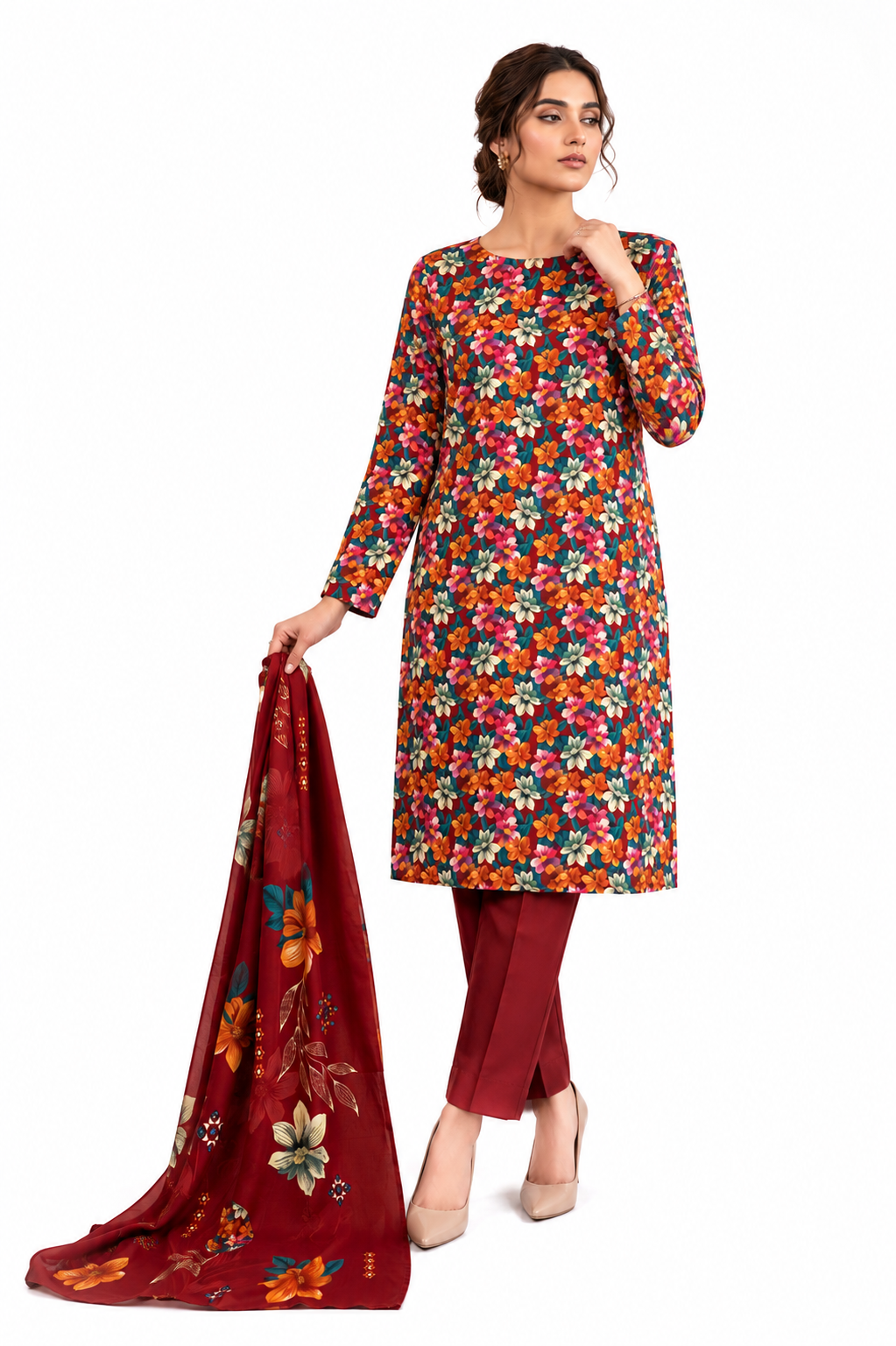 Zayan Collection Crimson Floral Digital Lawn 3-Piece Suit – Vibrant Bloom Edition