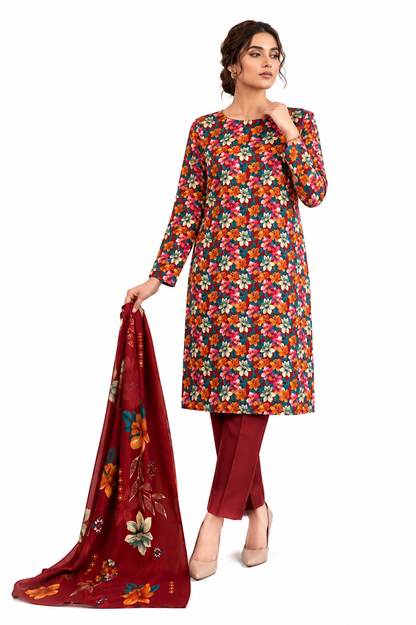 Zayan Collection Crimson Floral Digital Lawn 3-Piece Suit – Vibrant Bloom Edition