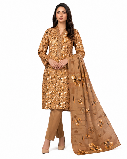 Zayan Collection Golden Mocha Digital Lawn 3-Piece Suit – Timeless Floral Elegance