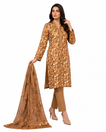 Zayan Collection Golden Mocha Digital Lawn 3-Piece Suit – Timeless Floral Elegance