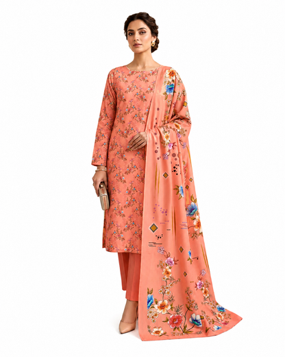 Zayan Collection Peach Blossom Digital Lawn 3-Piece Suit – Floral Summer Elegance