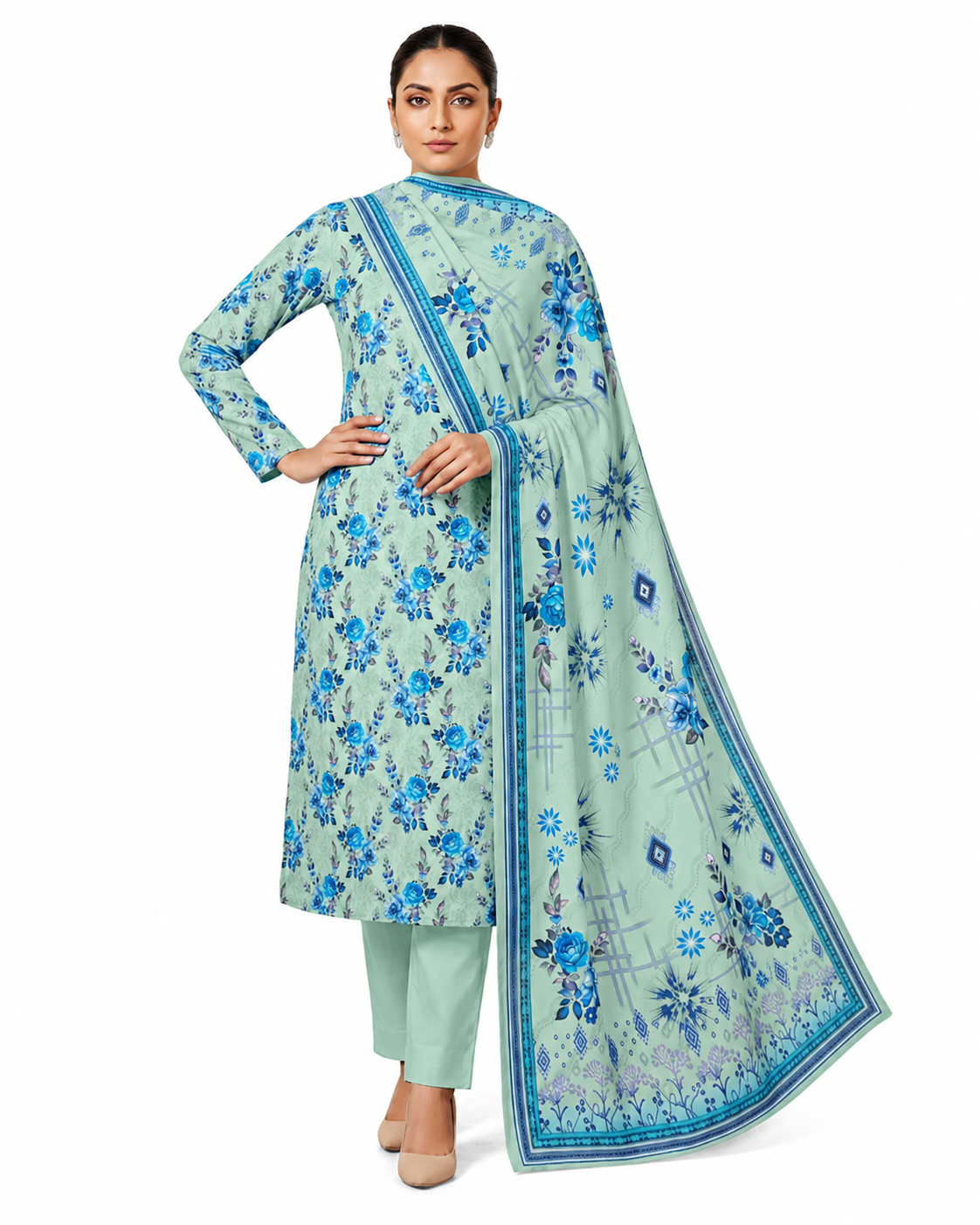 Zayan Collection Mint Blue Floral Digital Lawn 3-Piece Suit – Fresh Summer Elegance