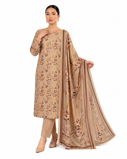 Zayan Collection Beige Floral Digital Lawn 3-Piece Suit – Elegant All-Over Print