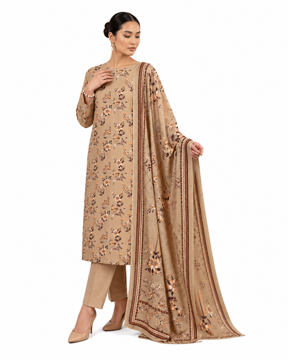 Zayan Collection Beige Floral Digital Lawn 3-Piece Suit – Elegant All-Over Print