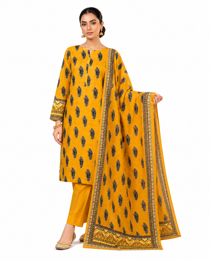 Zayan Collection All Over Print 3PC Unstitched Luxury Lawn Suit - Mustard Yellow