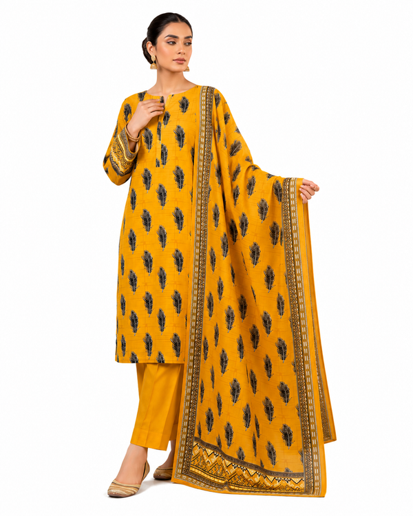 Zayan Collection All Over Print 3PC Unstitched Luxury Lawn Suit - Mustard Yellow