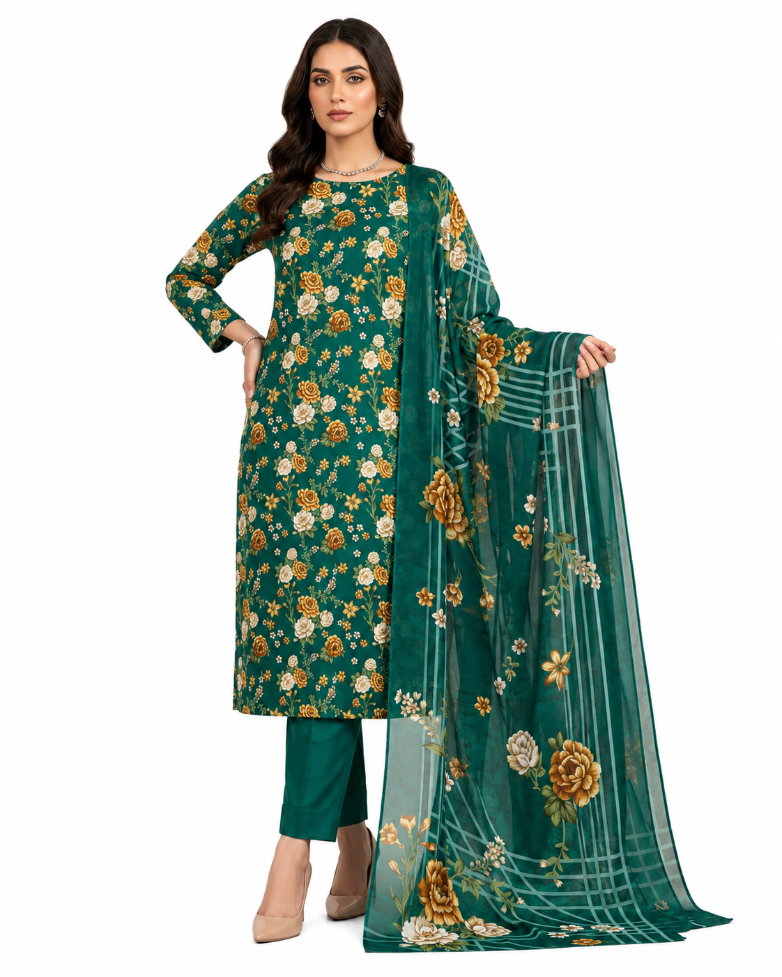 Zayan Collection All Over Print 3PC Unstitched Luxury Lawn Suit - Emerald Green