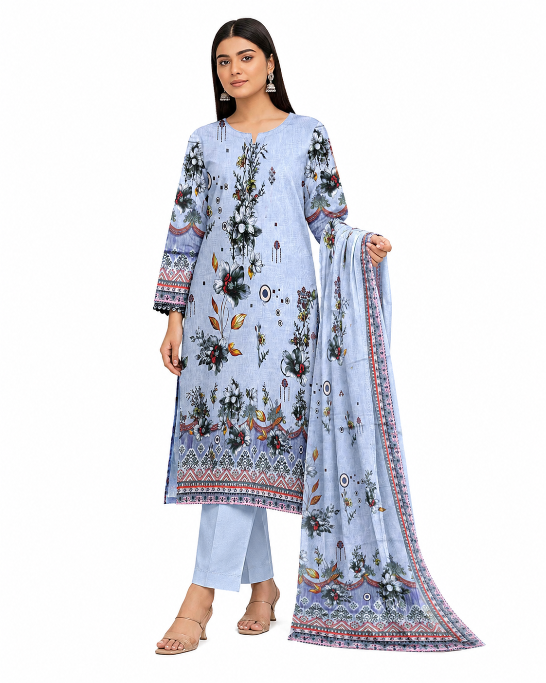 Zayan Collection Bold Print 3PC Luxury Unstitched Lawn Suit - Ice Blue