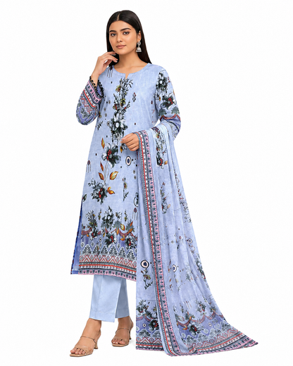 Zayan Collection Bold Print 3PC Luxury Unstitched Lawn Suit - Ice Blue