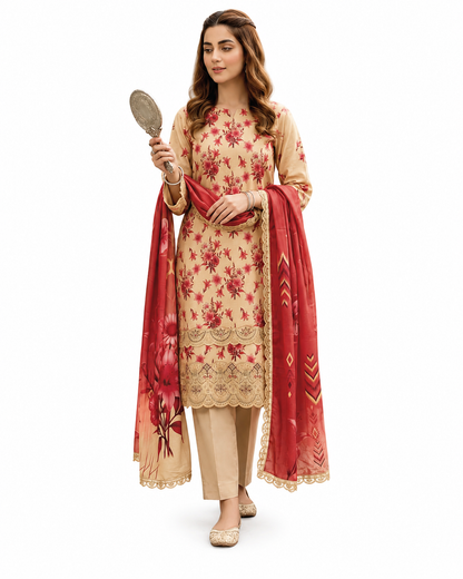 Baroque Zayan Collection – Ivory Rose Digital Lawn 3-Piece Suit