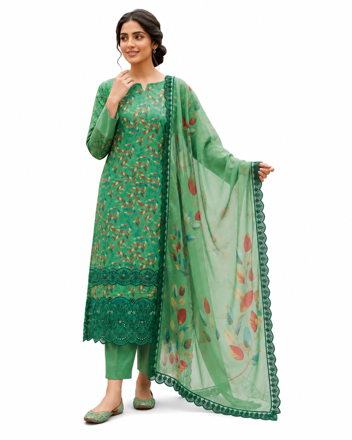 Baroque Zayan Collection – Emerald Bloom Digital Lawn 3-Piece Suit