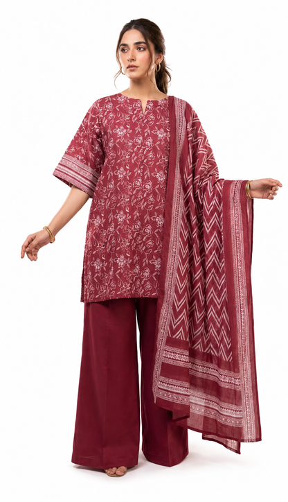 Maroon Floral 3 Piece Lawn Suit | Elegant Summer Collection