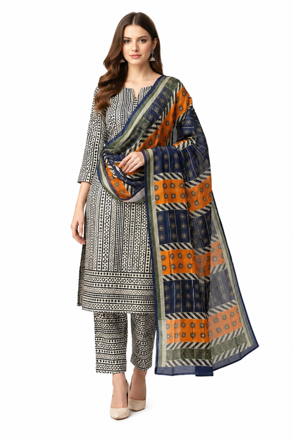 Black & White Geometric 3 Piece Lawn Suit | Contemporary Ethnic Collection