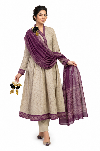 Beige & Plum Anarkali 3 Piece Lawn Suit | Graceful Summer Collection